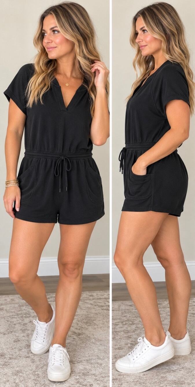 Athleta Black Short Sleeve Drawstring Romper Size XL